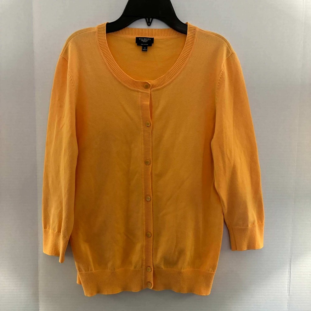 Talbots Cardigan Sweater  Womens MP Yellow Orange Pima Cotton 3/4 Sleeve Petite
